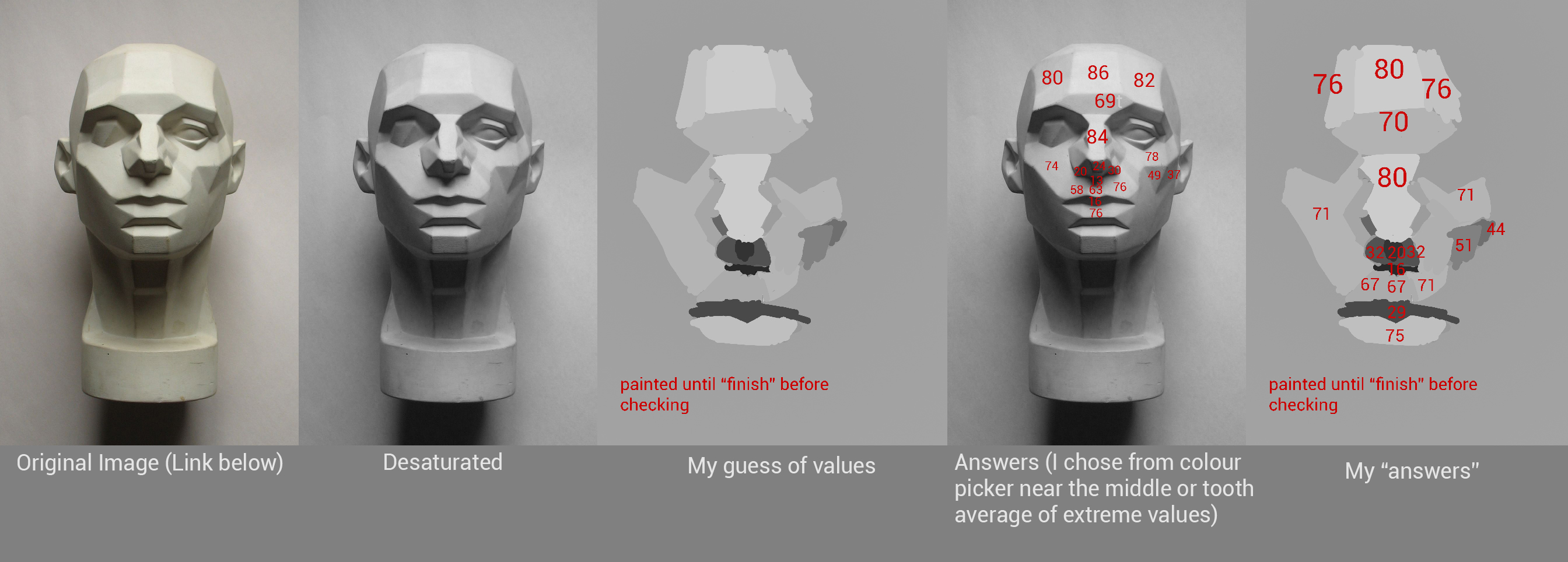 March 12 Progress: Value Exercises, Asaro Head, and desaturating images